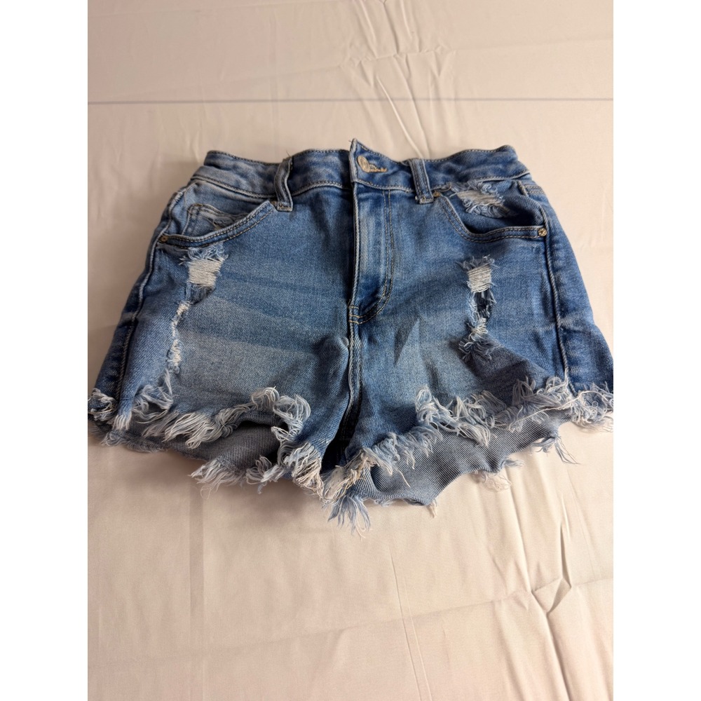 Wax Jean Distressed Denim Shorts S Light Blue High Rise Frayed Raw Hem 90195